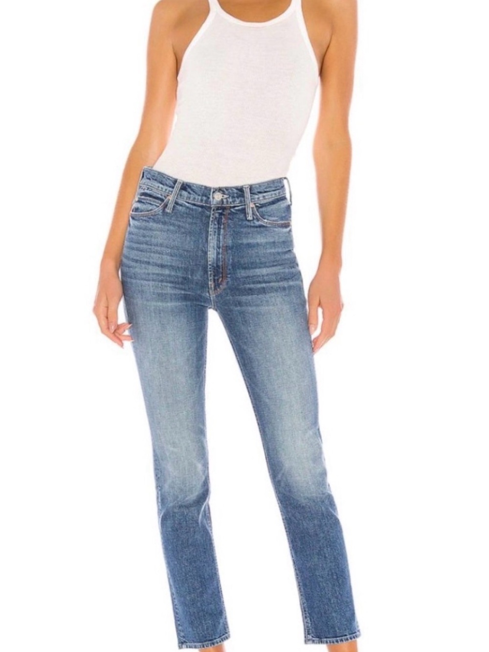 MOTHER High-Rise Cropped Straight Jeans in Medium Blue Wash